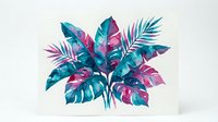 Colorful tropical foliage with vibrant teal, magenta, and purple leaves arranged in a lush botanical composition against a neutral background.