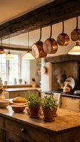 Rustic farmhouse kitchen with copper pots hanging from wooden beam, herbs in terracotta planters on butcher block island creating cozy cooking atmosphere.