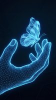 Digital wireframe hand releasing glowing blue butterfly on dark background. Futuristic technology concept with geometric mesh design for innovation projects.
