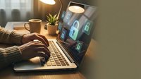 Person typing on laptop with glowing padlock icons on screen, symbolizing cybersecurity, data protection, and online privacy in a home office.