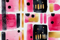 Abstract watercolor pattern with pink, black, and gold geometric shapes and dots creating a modern artistic composition for fashion, home decor, or digital backgrounds.