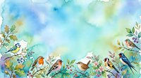 Watercolor illustration of various songbirds perched on flowering branches with soft blue and green washes, suitable for nature-themed designs and educational materials.