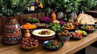 Middle Eastern feast spread on wooden table featuring traditional dishes, colorful mezze platters, hummus, fresh salads, falafel, and decorative ceramic pottery. Authentic dining experience.