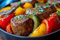 Juicy grilled beef medallions with colorful bell peppers and fresh herbs in cast iron pan, close up view of seared meat and roasted vegetables.