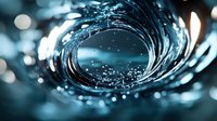 Swirling water vortex with splashing droplets in cyan blue tones creates dramatic spiral motion effect, abstract background for nature and power concepts.
