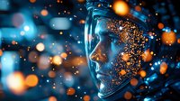 Futuristic profile of transparent face with glowing particles and bokeh lights in blue and orange colors creating magical atmospheric effect.