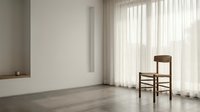 Minimalist interior with wooden chair and sheer curtains in empty room with natural light creating serene atmosphere for home design and architecture concepts.