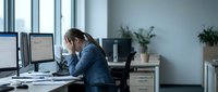 Stressed businesswoman holding head in hands at office desk with computer screens showing work burnout and mental health challenges in corporate environment.