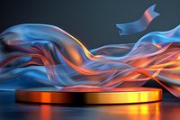 Flowing translucent fabric ribbons in blue and orange hues create dynamic motion around golden cylindrical platform on dark background for product display.
