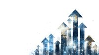 Business growth arrows with city skyline double exposure showing upward trend and urban development progress for corporate presentations.