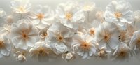 Delicate white roses with golden centers arranged in soft composition, creating romantic floral backdrop for wedding invitations and celebrations.