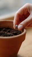 Close-up of female hand with manicured nails planting seed in terracotta pot with soil, representing gardening and plant cultivation.