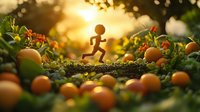 Silhouette of running figure among oranges and green leaves at golden sunset, creating magical miniature garden scene with natural bokeh effect and warm lighting.