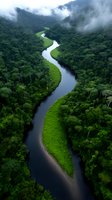 Meandering river curves through dense rainforest landscape, aerial view of winding waterway surrounded by lush green vegetation and morning mist in tropical wilderness.