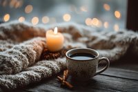 Cozy winter evening with steaming cup of coffee, warm knitted blanket, and glowing candle against bokeh lights background.