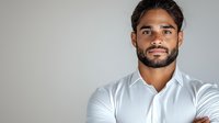 Young mixed race businessman with beard wearing white button down shirt against gray background, confident professional portrait with copy space.