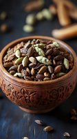 Aromatic spice mix with cardamom pods, cinnamon sticks, and cloves in rustic wooden bowl against dark background, essential for cooking authentic cuisine.