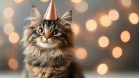 Adorable Maine Coon cat wearing party hat against blurred festive bokeh lights background, looking up with bright eyes and fluffy fur. Perfect for celebration themes.