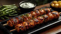 Grilled chicken kebab with caramelized glaze served on black plate with green beans and sour cream dip, close up view of juicy meat skewer on dark background.