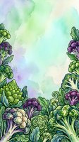 Watercolor illustration of fresh purple and green cruciferous vegetables including broccoli and cauliflower arranged on bottom border with soft pastel wash background, suitable for organic food packaging and culinary designs.