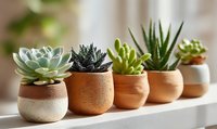 Collection of diverse succulent plants in stylish ceramic pots arranged in a row on windowsill, creating modern home decor accent.