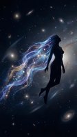 Woman silhouette with cosmic hair flowing through starry galaxy space with nebula colors and celestial light effects for fantasy art projects.