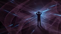 Silhouetted male figure standing amid glowing digital network lines and data streams, representing technology, innovation, and digital transformation concepts for business and tech applications.