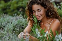 Beautiful young Hispanic woman with curly hair smiling while harvesting fresh rosemary and herbs in garden, natural skincare and wellness lifestyle concept for organic beauty content.