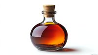 Round glass bottle with amber maple syrup or bourbon sealed with cork stopper on white background, isolated for product photography.