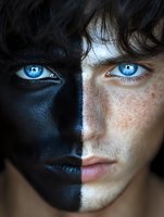 Creative portrait showing split face with black paint and natural skin, featuring bright blue eyes and freckles against dark background.