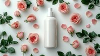 White cosmetic bottle mockup surrounded by delicate pink roses and scattered petals on light background, flat lay composition for beauty product presentation.