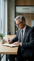 Senior businessman with gray hair and glasses writing in notebook at wooden desk in modern office, suitable for corporate, professional, and business concepts.