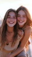 Two young Caucasian women with genuine smiles and long brown hair embracing at sunset, wearing light summer dresses. Natural warm lighting creates joyful atmosphere.