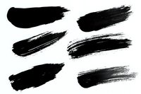 Black watercolor brush strokes collection on white background, artistic paint smears and splatters isolated for creative design projects and overlays.
