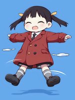 Cheerful anime schoolgirl character in red coat jumping with joy against blue sky background. Cute chibi style illustration with expressive face and pigtails.