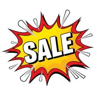 Comic book style sale burst with explosive red and yellow starburst design on white background for promotional marketing and advertising campaigns.