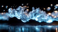 Dynamic water splash with floating droplets creating abstract wave formation against dark background, illuminated by blue light with bokeh effect and reflection.