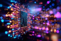 Glowing fiber optic cables and circuit board with colorful bokeh lights creating futuristic technology background for digital transformation and connectivity concepts.