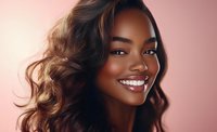 Young African American woman with radiant smile and glowing skin against pink background, featuring wavy dark hair and natural makeup look.
