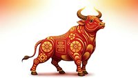 Red and gold decorative bull with traditional ornamental patterns on gradient background for lunar new year celebrations and festive designs.