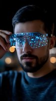 Young bearded man wearing futuristic smart glasses with glowing blue digital display showing technological interface against dark background with bokeh lights.
