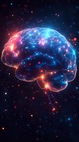 Glowing cosmic brain with neural networks and starlight effects against deep space background for science and technology concepts.