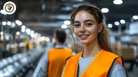 Young female warehouse worker in orange safety vest smiling at camera while working in modern distribution center with conveyor belt system and storage facilities.