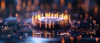 Glowing circle of light candles creating mystical illuminated ring with bokeh effect and reflective surface in dark atmospheric setting. For spiritual concepts.
