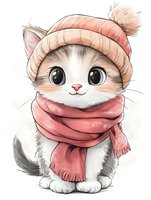Adorable kitten wearing winter beanie hat and cozy scarf in soft coral pink tones, drawn in sweet kawaii style with big expressive eyes and gentle watercolor effect.