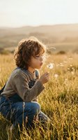 Young child with curly brown hair and fair complexion blowing dandelion seeds in golden wheat field at sunset, capturing carefree childhood moments in nature.