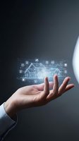 Smart home technology concept with holographic house model floating above open palm showing connected IoT devices and automation systems.