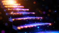 Glowing neon stairway with magical sparkles and light trails against dark background, creating mystical ascending path with purple and blue bokeh effects.