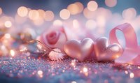 Pink hearts and rose with ribbon on glittery surface against soft bokeh background create romantic Valentine's Day or wedding celebration atmosphere.
