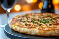 Crispy golden hash browns garnished with fresh herbs on black cast iron skillet, close-up view with warm bokeh lights in background, restaurant setting.